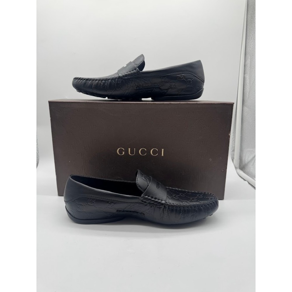 Gucci Mens Black Leather GG Guccissima Driving Moccasin Loafers Size 6 Italy